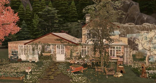 an artist's rendering of a house surrounded by trees and flowers in the evening