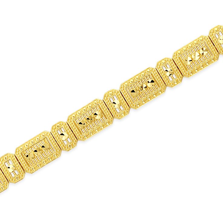 "14k solid gold filigree bracelet. measures over 1/4\" wide by 7.75\". diamond cut finish." Adjustable Etched 14k Gold Jewelry, Elegant 14k Gold Bracelets With Decorative Band, Adjustable 14k Gold Etched Jewelry, Elegant Yellow Gold Bracelets With Decorative Band, Adjustable Gold Chain Bracelet With Diamond Cut, Gold Etched Bracelet Jewelry, Gold Bracelet With Decorative Band As Gift, Adjustable Gold Diamond Cut Chain Bracelet, Gold Bracelets With Decorative Band As Gift