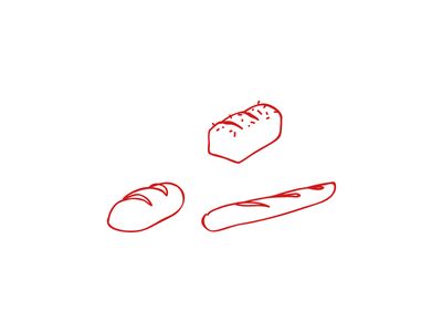 two breads and a loaf of bread are drawn in red on a white background