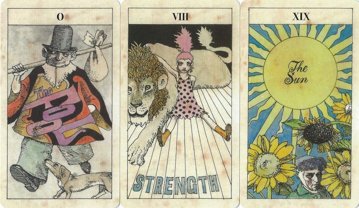 four different tarot cards with the sun and strength