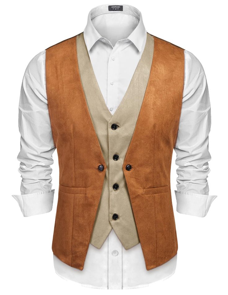 PRICES MAY VARY. 90%polyester10%RAYON Imported Button closure These men's suede vests are made of premium faux suede with 3 colors(Black/ Coffe/ Khaki), which will make you look great and handsome Unique layered style suede vest which will adds a distinct dressier appearance to your normal everday attire Coofandy suede leather vest is soft and lightweight, gives you good wearing experience.Suit for Wedding, Party，Daily Wear,etc Front 4 button slim fit suede suit vest, v-neck, fake-two piece design and with adjustable belt, you can adjust to your perfect fit Hand wash and dry clean are recommended.Please note: In package, the dress shirt and neck tie are not included COOFANDY Men Fashion V Neck Sleeveless Contrast Color Double Breasted Back Strap Vest    Description  -Brand: COOFANDY  -Mate Vest For Groomsmen, Layered Suit, Floral Suit Jacket, Mens Western Style, Suede Suit, Cowboy Vest, Suit For Wedding, Rustic Basement, Vest Suit