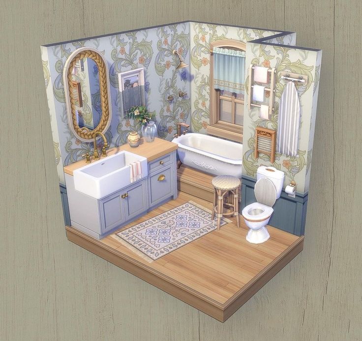 Sims 4 3x3 Bathroom, Sims 4 Houses Interior No Cc, Sims 4 Bathroom Layout, Sims 4 Rich House Interior, Sims 4 Cottage Bathroom, Sims House Ideas Exterior, Sims 4 Master Bed Ideas, Sims 4 Scandinavian House, Sims Build Inspiration