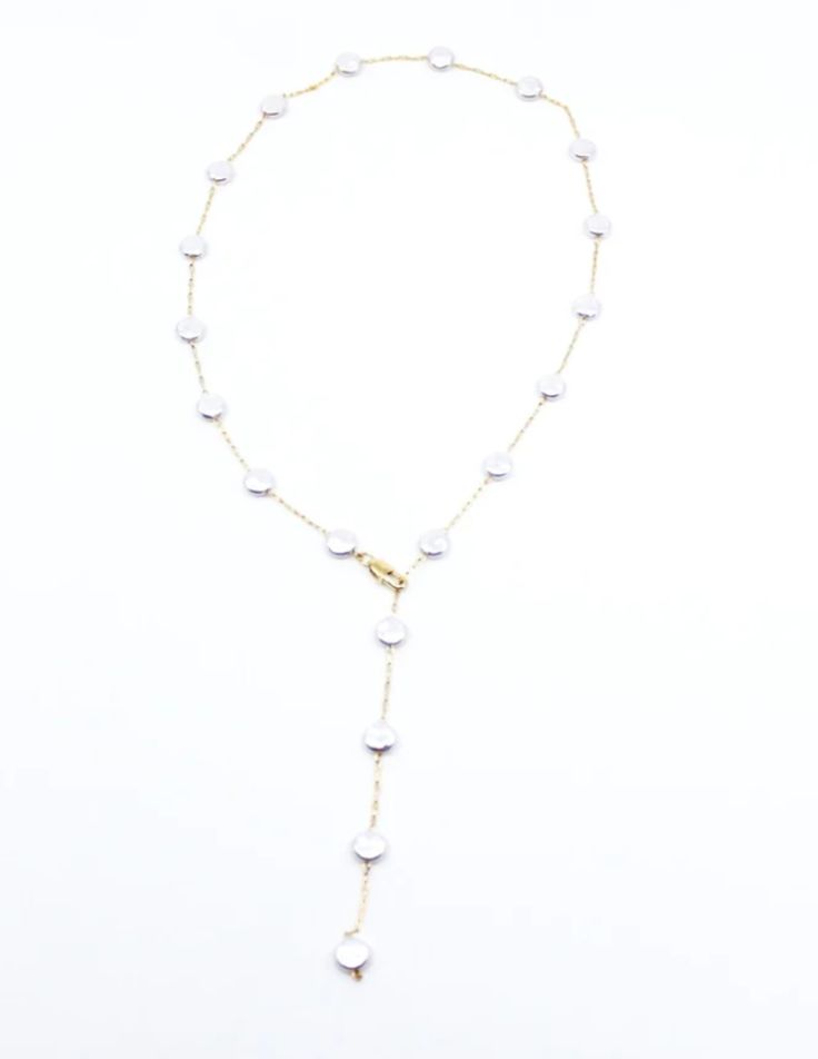 Gold plated lariat necklace with flat pearls. 22 inches in length. handcrafted in Miami, FL Pearl Lariat Necklace, Pearl Lariat, Lariat Necklace, Miami Fl, Honolulu, Pearl Necklace, Miami, Gold Plate, Plating