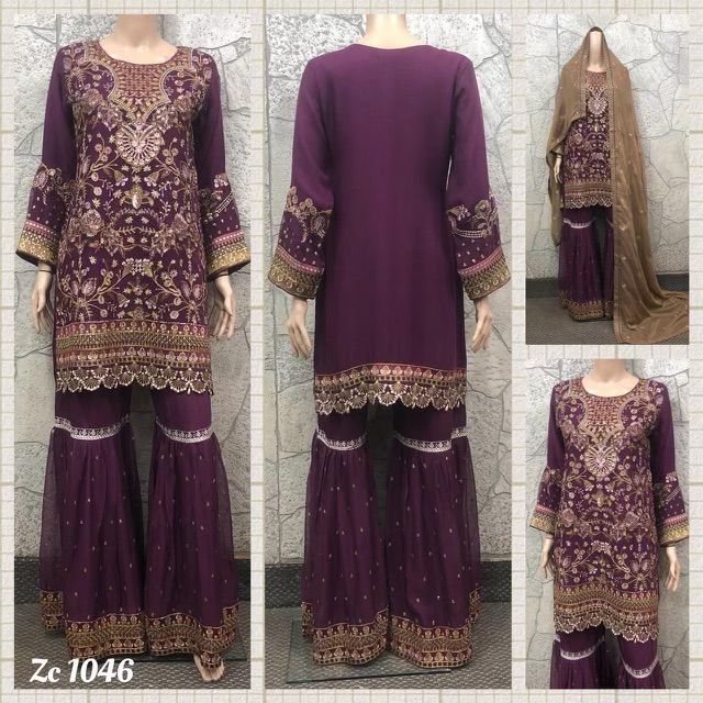 Brand New 3 Piece Gharara Deep Purple Color With Embroidery Work. All Sizes Available Small Medium Large Can Provide More Pics Festive Chiffon Sharara With Dabka Work, Festive Chiffon Sharara For Eid, Traditional Chiffon Sharara With Dabka Work, Chiffon Sharara With Resham Embroidery For Eid, Traditional Chiffon Sharara For Party, Eid Chiffon Sharara With Resham Embroidery, Semi-stitched Chiffon Sharara With Dabka Work, Festive Semi-stitched Chiffon Sharara, Chiffon Sharara For Designer Wear