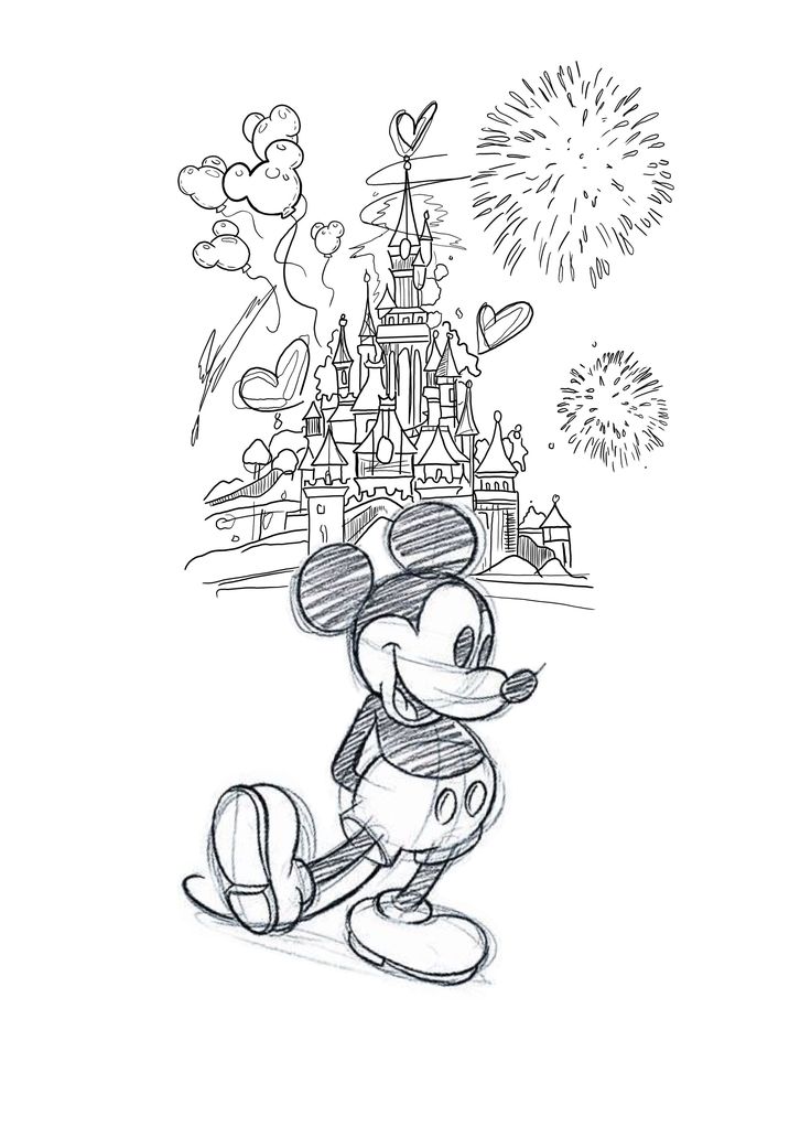 a drawing of mickey mouse in front of the disney castle with fireworks coming from it