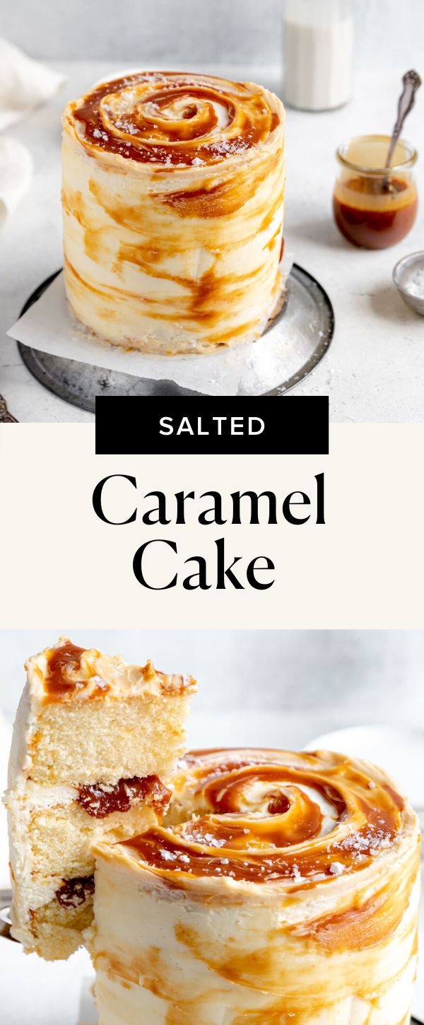 a cake that is sitting on a plate with the words salted caramel cake