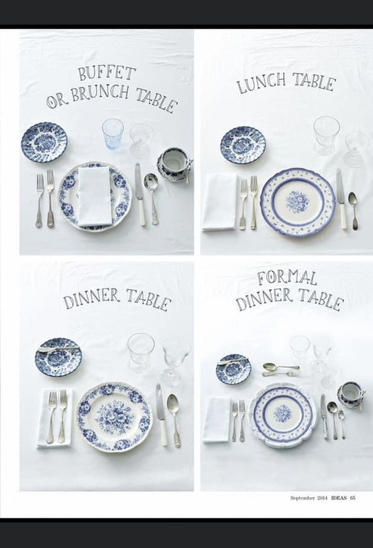 four photographs of blue and white dinnerware with the names of different dishes on them