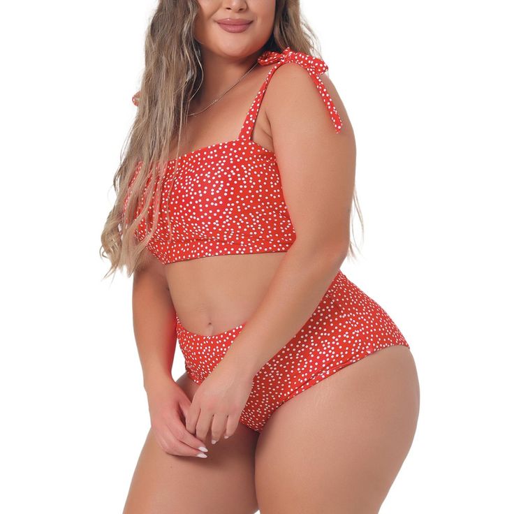 The Two-piece Swimsuit features a Cami Top with padding cups with Adjustable Shoulder Straps. This stylish and comfortable swimsuit is tailor-made for plus-size women to look stylish and elegant. Perfect for Tropical Vacations, Summer, Beach, Pool, Honeymoon, and Cruise. The high-waisted bottoms provide additional coverage and support for your midsection. Retro bathing suits for women not only make you look much slimmer but also charm during beach time. And the padded bra design will highlight your body curve. Red Summer Swimwear With Adjustable Straps, Red Swimwear With Adjustable Straps For Beach Season, Red Swimwear With Adjustable Straps For Vacation, Red Adjustable Straps Swimwear For Beachwear, Red Beachwear Swimwear With Adjustable Straps, Red Adjustable Straps Beachwear Swimwear, Red Sleeveless Swimwear With Adjustable Straps, Red Bandeau Swimwear For Sunbathing, Red Bandeau Swimwear For Beach