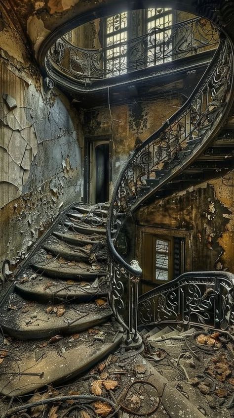 an old abandoned building with a spiral staircase