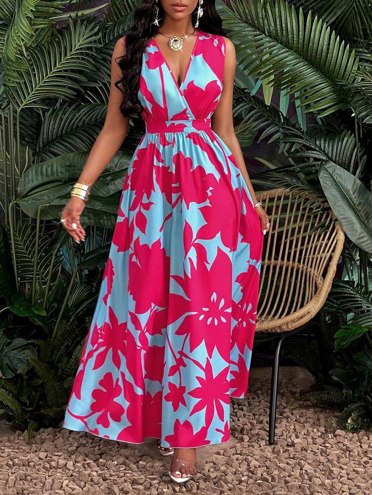 Blue Boho Collar Sleeveless Fabric Floral,All Over Print A Line Embellished Non-Stretch  Women Clothing Dress For Spring, Ankle Length Dress, Fabric Floral, Halterneck Dress, Women Long Dresses, Dress Elegant, Cinched Waist, Tropical Print, Fit And Flare Dress