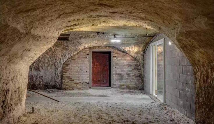 an empty room with a red door in the center and brick walls on both sides