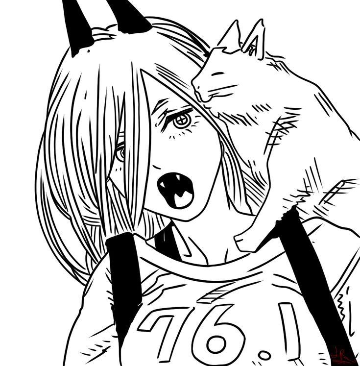 a black and white drawing of a girl with a wolf on her shoulder