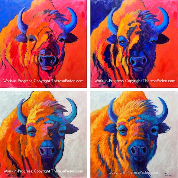 three paintings of buffalos with different colors