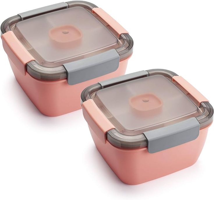 two pink and gray containers with lids on each side, one has a clear lid