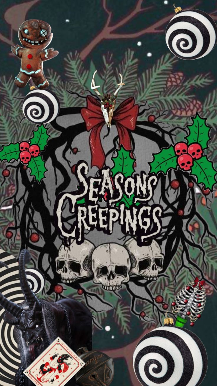 an image of a christmas card with skulls and candy canes