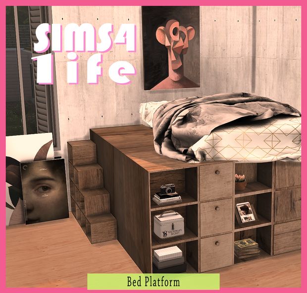 a bedroom with a bed, dresser and pictures on the wall above it that says simsi life