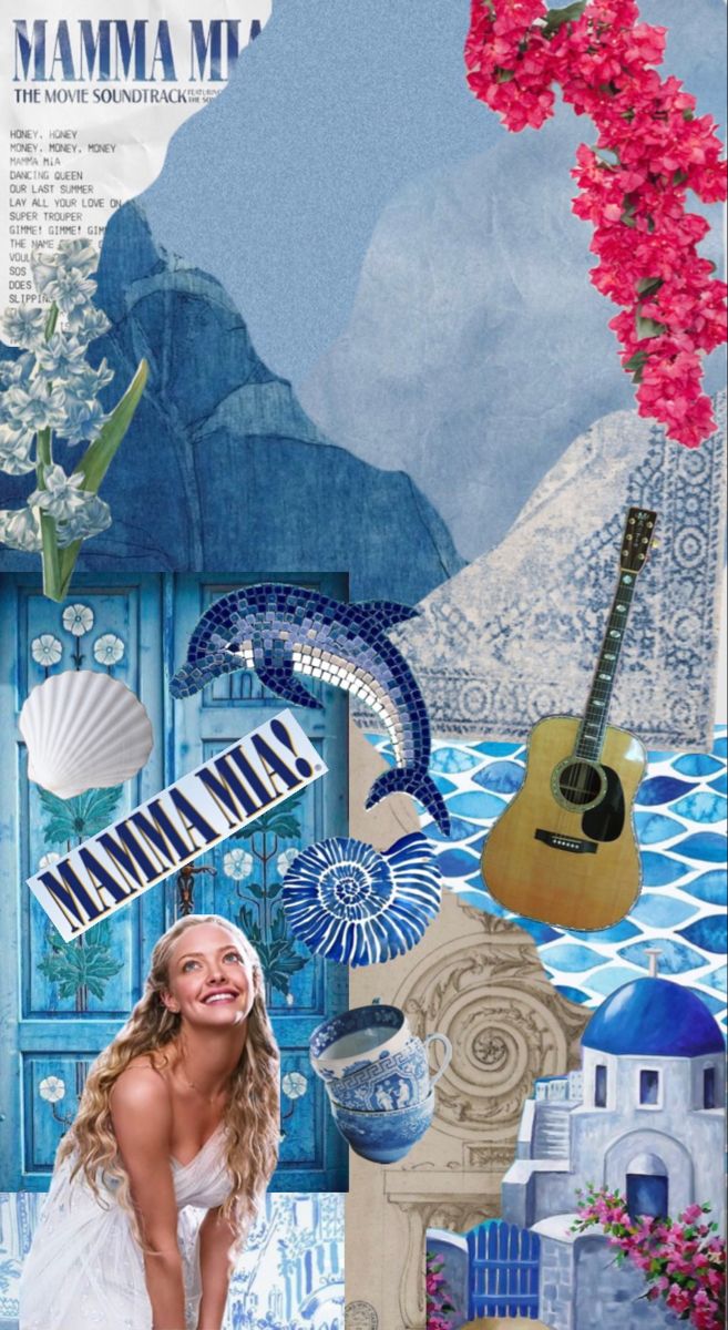 a collage with an image of a woman in white holding a guitar and flowers