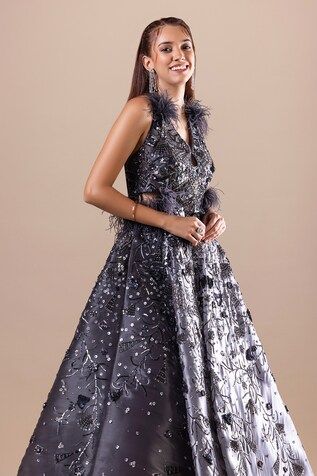 Grey padded gown with attached cancan, embellished with sequin, cutdana work. - Aza Fashions V Neck Gown, Cutdana Work, Gown For Women, Embellished Gown, Aza Fashion, Sequin, V Neck, For Women, Grey