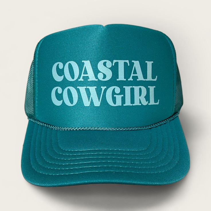 Capture the spirit of the coast with this Coastal Cowgirl Trucker Hat and show off your beach-side and country style! With its perfect blend of vacation vibes, this hat is ideal for summer lakeside getaways, resort trips, and boat cruises. Yee-haw! White or Jade trucker hat with light blue matte ink Blue Summer Hats For Country Events, Blue Country Style Summer Hat, Turquoise Country Hat For Summer, Turquoise Country Style Summer Hat, Country Style Cap For Vacation, Lightweight Summer Trucker Cap, Lightweight Summer Trucker Hat, Adjustable Flat Brim Trucker Hat For Summer, Country Style Vacation Cap