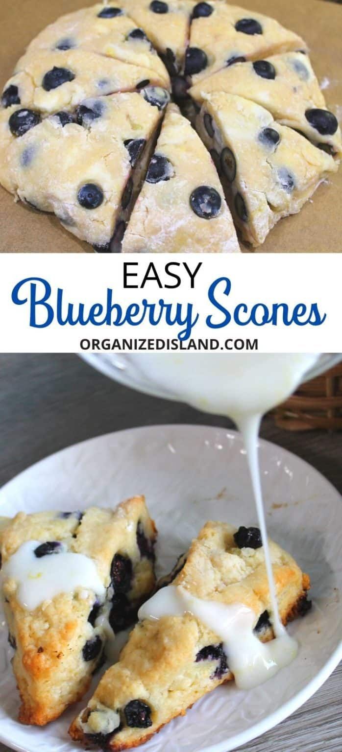 blueberry scones on a white plate being drizzled with cream