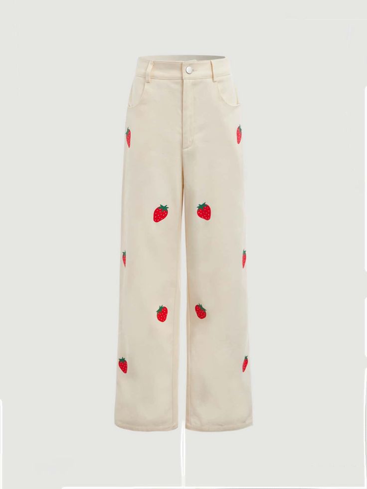 Beige Casual Collar  Fabric Fruit&Vegetable Straight Leg Embellished Non-Stretch  Women Clothing Strawberry Jeans, Fruit Outfits, Strawberry Pants, Strawberry Fashion, Cute Colorful Outfits, Strawberry Clothes, Strawberry Clothing, Strawberry Outfit, Cute Bottoms