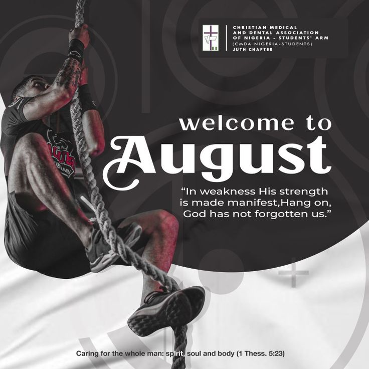 a man hanging from a rope with the words, welcome to august in front of him