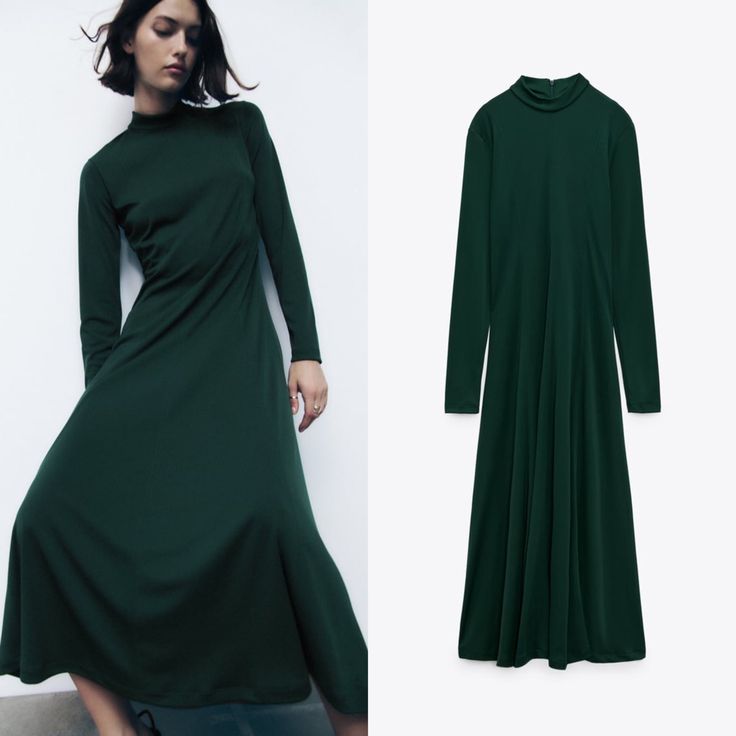 Brand New With Tags. Size Large. Green High Neck Dress For Fall, Fall Season High Neck Green Dress, High Neck Green Dress For Fall, Zara A-line Maxi Dress For Fall, Fall Solid Color Stretch Maxi Dress, Stretch Solid Color Maxi Dress For Fall, Green Stretch Dresses For Fall, Green Stretch Dress For Fall, Green High Neck Winter Dress