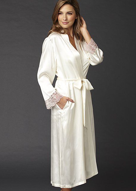 Elegant Cream Sleepwear, Elegant Fitted Robe For Sleep, Elegant Fitted Sleep Robe, Elegant Wedding Robe With Lace Cuffs, Silk Fitted Robe For Wedding Night, Elegant Satin Sleep Robe, Elegant Silk Robe For Loungewear, Elegant Long Kimono With Lace Trim, Elegant Lace Trim Kimono For Wedding Night