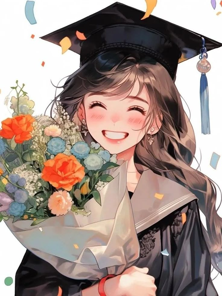 a girl in graduation cap and gown holding flowers with confetti around her neck