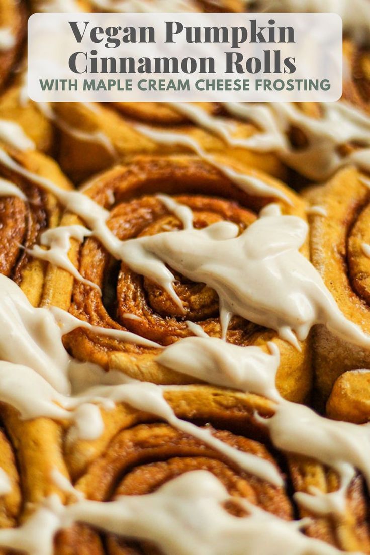 pumpkin cinnamon rolls with icing drizzled on top and the title overlay reads, pumpkin cinnamon rolls vegan