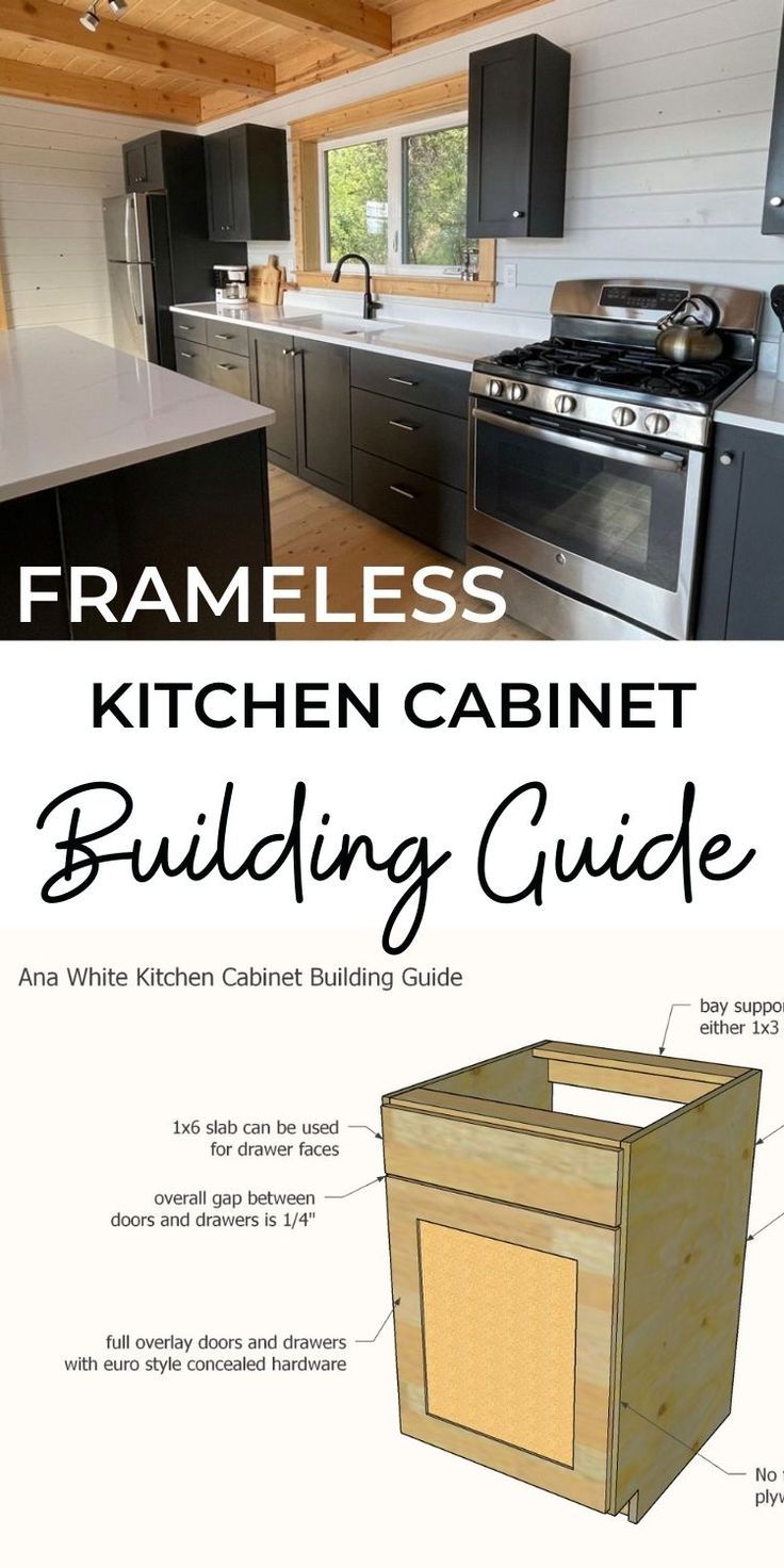 the frameless kitchen cabinet building guide is shown with instructions for how to build it