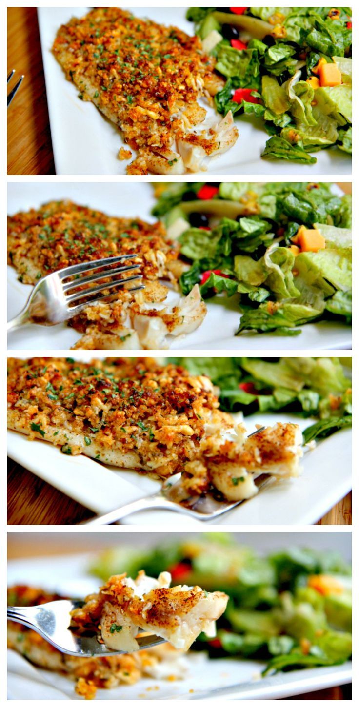 four different pictures of food on white plates with silverware in each photo, including salad and chicken