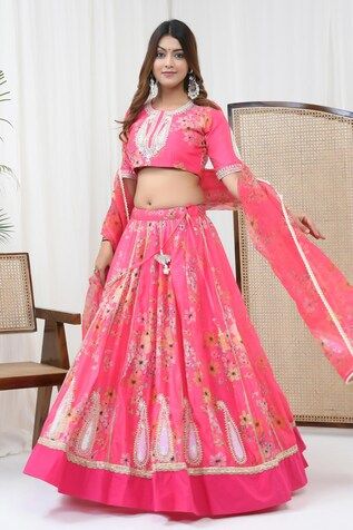 Hot pink chanderi blouse with floral print and paisley dabka embroidery. Paired with coordinating lehenga and dupatta. - Aza Fashions Pink Unstitched Lehenga With Printed Motifs, Pink Lehenga With Printed Motifs, Pink Lehenga With Printed Motifs For Festivals, Festival Pink Lehenga With Printed Motifs, Pink Floral Print Unstitched Lehenga, Pink Floral Print Lehenga Unstitched, Fitted Bollywood Choli With Printed Motifs, Fitted Choli With Printed Motifs For Diwali, Bollywood Style Fitted Choli With Printed Motifs