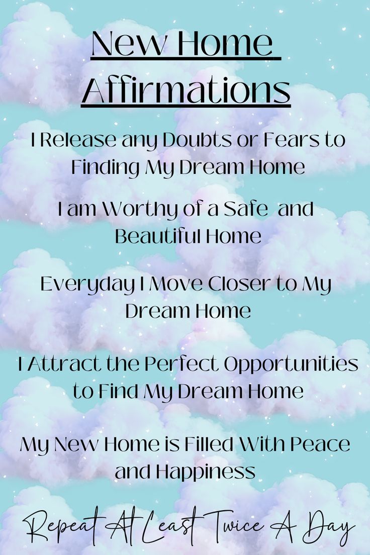 the new home affirmations are in blue and white clouds with stars on them