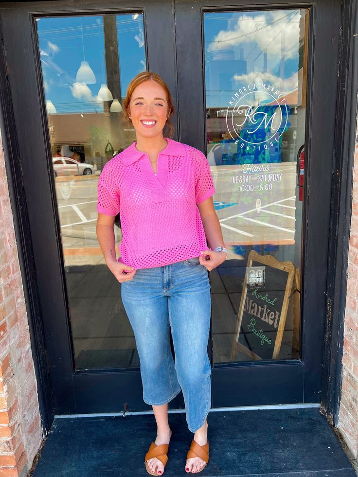 The Raelynn Bubblegum Sweater has the most vibrant bubblegum color you've EVER seen! This sweater is short sleeved with a fun polo top. This has the BEST feel to it and it so comfy. Perfect for a cooler summer day. It is not too thick but can be paired with a solid tank top underneath to add even more color. This sweater is made of 100% acrylic. Lastly, this sweater would we perfect for a cozy coffee shop or a fun book shopping day! Sizes: Small: 4-10 Medium: 10-12 Large:12-14 Trendy Pointelle Knit Top With Short Sleeves, Trendy Short Sleeve Pointelle Knit Top, Short Sleeve Knit Top For Fall Day Out, Fall Short Sleeve Knit Top For Day Out, Short Sleeve Knit Top For Day Out, Spring Pointelle Knit Collared Top, Collared Pointelle Knit Tops For Spring, Spring Collared Pointelle Knit Tops, Trendy Pink Knit Top For Day Out