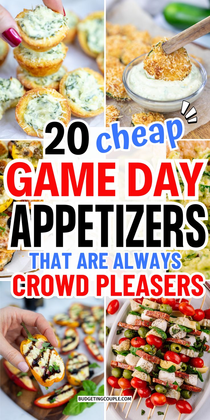 Collage of cheap Super Bowl party food and football party appetizers for game day food ideas Appetizers Football, Appetizers For Tailgate Party, Cheap Tailgate Food, Superbowl Party Snacks, Trendy Food Ideas, Game Day Easy Appetizers, Appetizer Recipes Football, Easy Tailgate Food Crowd Pleasers, Tailgate Snacks Cold