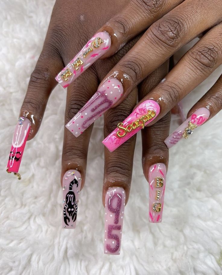 Birthday Nail Set Scorpio, Birthday Nails For Scorpio, Birthday Nail Designs Scorpio, Scorpio Zodiac Nails Acrylic, Pink Zodiac Nails, Scorpio Acrylic Nails Designs, Scorpio Birthday Nails Designs, Black Scorpio Nails, Pink Scorpio Nails