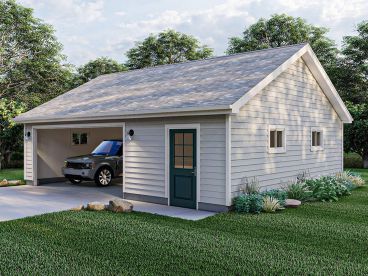 a garage with a green door and windows in the grass next to some trees,