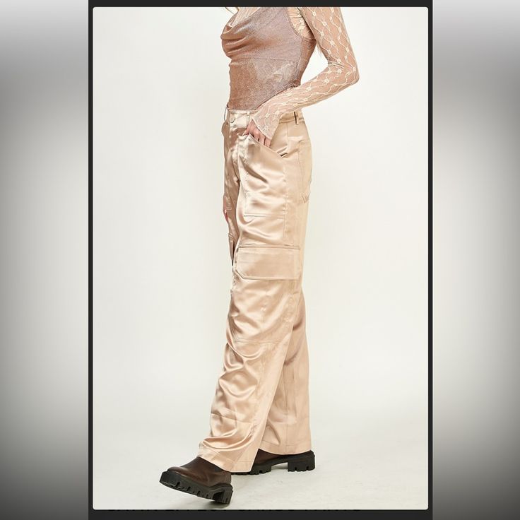 Nwt Name Satin Effect Cargo Pants Fabric 100% Polyester High-Waisted Pants With Belt Loops. Side Pockets, Back Welt Pockets, And Leg Flap Patch Pockets. Front Zip, Metal Hooks, And Interior Button Closure. Fitted High-waisted Pants With Cargo Pockets, Fitted High-waisted Wide Leg Pants With Cargo Pockets, Fitted Wide Leg Parachute Pants For Fall, Fall Fitted Wide Leg Parachute Pants, Fall Fitted Wide-leg Parachute Pants, Fitted Straight Leg Parachute Pants For Fall, Beige Fitted Straight Leg Work Pants, Fitted Full-length Beige Work Pants, Fitted High-waisted Parachute Pants