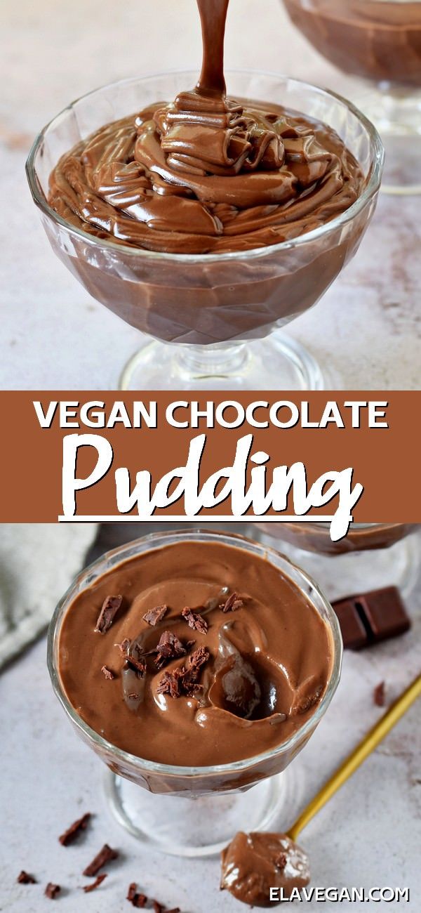 vegan chocolate pudding in a glass bowl with spoons on the side and text overlay that reads vegan chocolate pudding