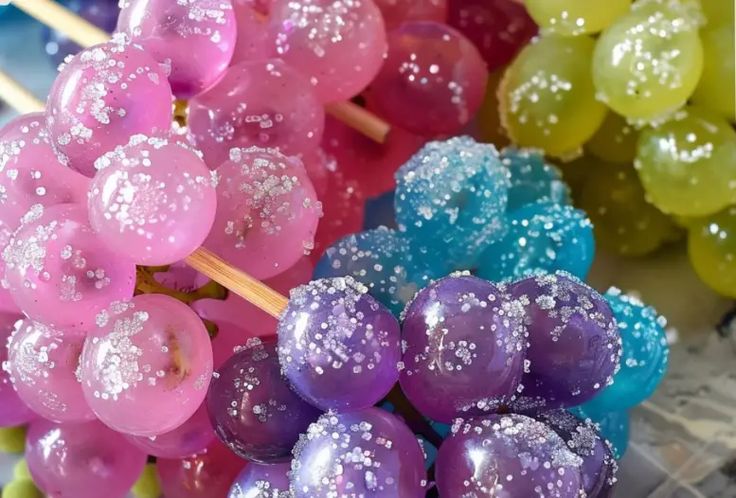 there are many different colored candies on the stick in the display case, including grapes