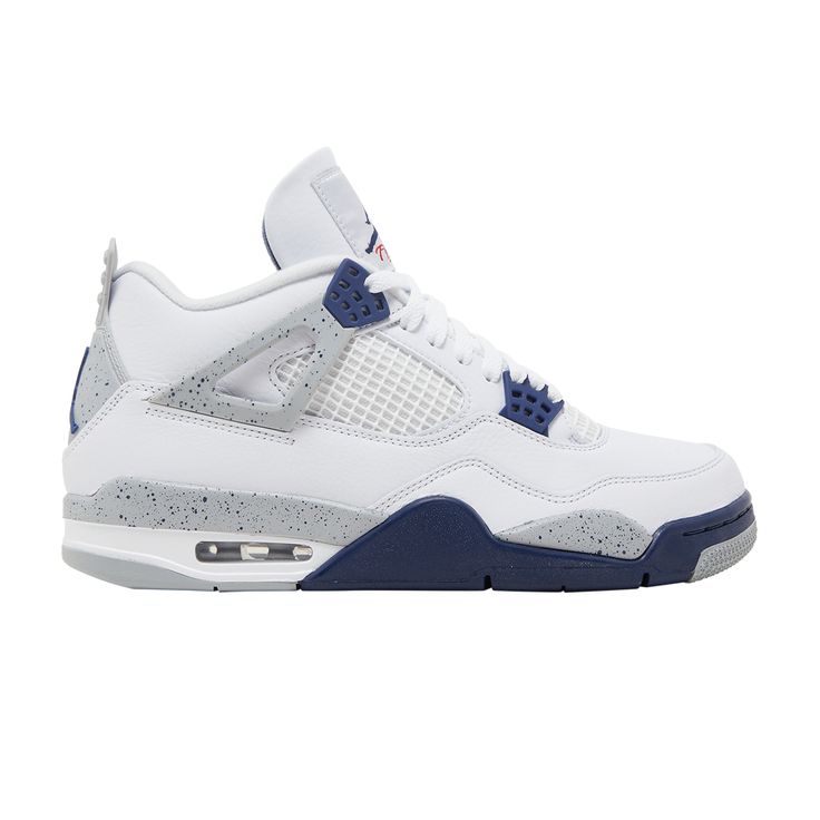 Find JORDAN 4 Retro 'midnight Navy on Editorialist. The Air Jordan 4 Retro ‘Midnight Navy’ dresses the legacy silhouette in the same color blocking used on the OG ‘Fire Red’ colorway. The upper is constructed from white leather with black support wings, a matching black heel tab with embossed Jumpman branding, and navy molded eyelets. A second Jumpman icon adorns the woven tongue tag in crimson. The sneaker rides on a two-tone polyurethane midsole, featuring encapsulated Air in the forefoot and a visible unit in the heel. Jordan 4s Blue And White, Air Jordan 4 Retro Midnight Navy, Midnight Blue Jordan 4, Navy Blue 4s, Blue Aesthetic Items, Jordan 4 Navy Blue, Midnight Navy Jordan 4, Jordan Fours, Jordan 4 Midnight Navy