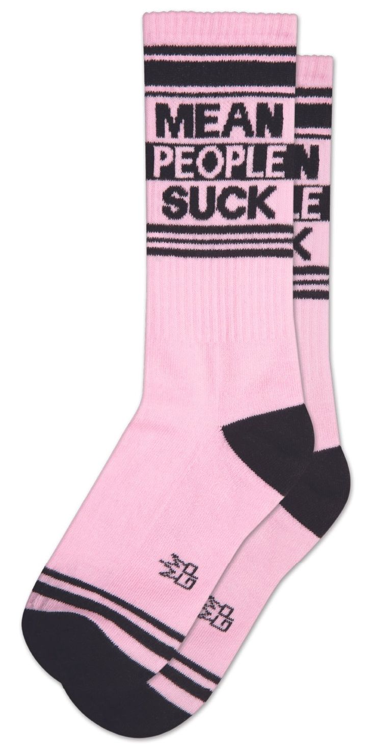 Mean People Suck (Unisex) Pink Black Unisex Crew Gym sock One size fits most. 65% cotton 32% nylon 3% spandex Gumball Poodle Sporty Cotton Socks With Letter Print, Stretch Cotton Socks For Stocking Stuffers, Sporty Stretch Socks For Streetwear, Sports Cotton Socks With Letter Print, Cotton Socks With Letter Print For Streetwear, Trendy Cotton Sports Socks, Stretch Cotton Hosiery, Breathable Cotton Socks For Streetwear, Sporty Cotton Socks For Streetwear