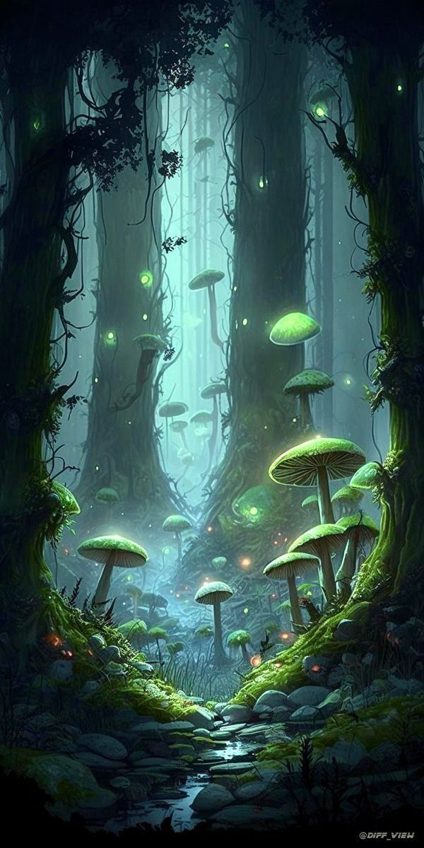 a forest filled with lots of green mushrooms