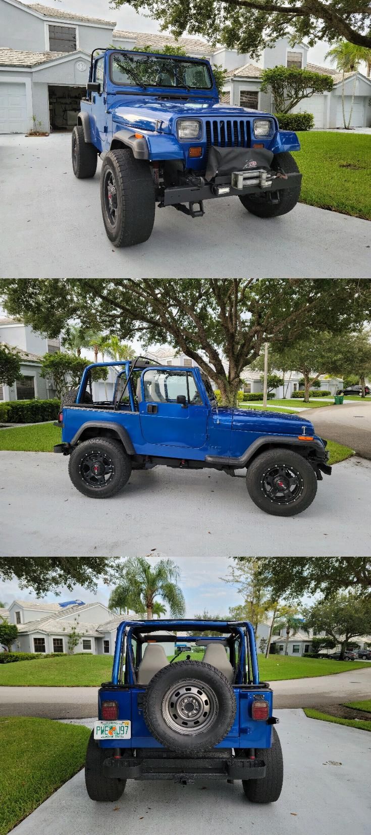 four different views of a blue jeep parked in front of a house