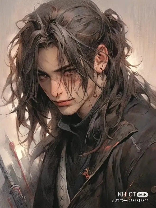 a painting of a man with long hair and piercings on his ears, wearing a leather jacket