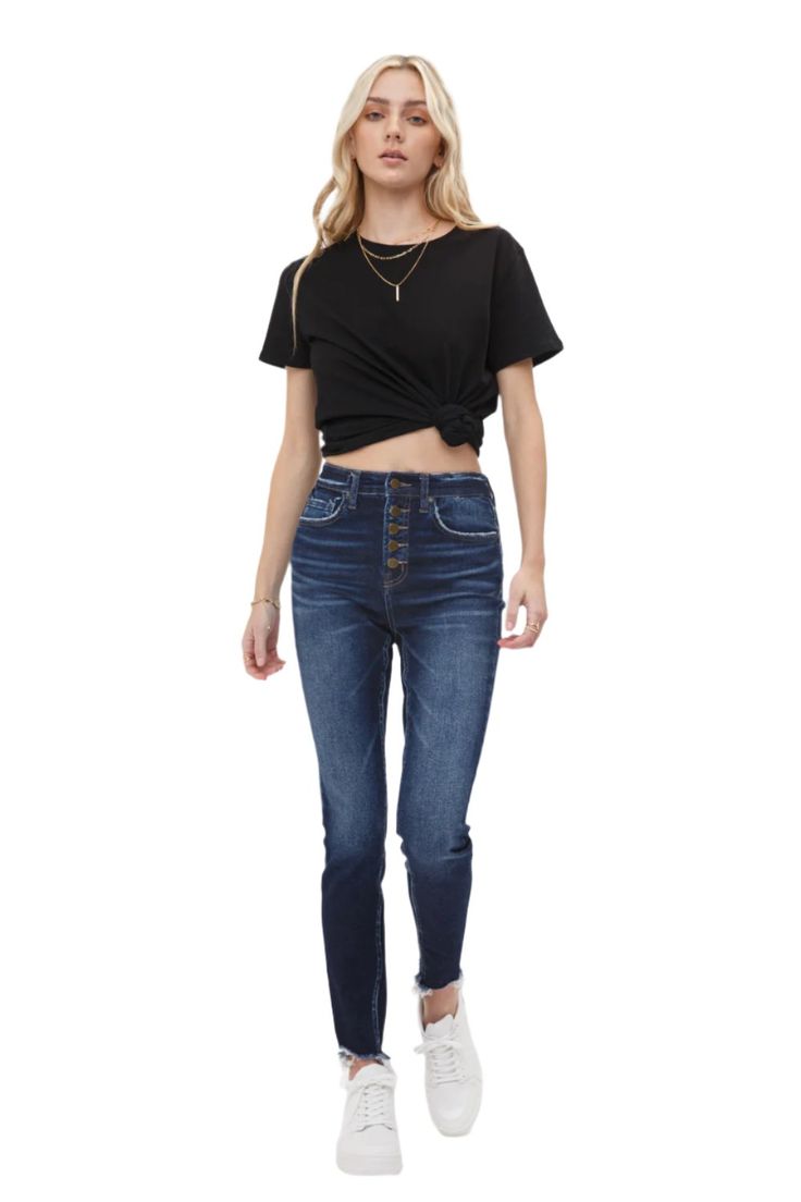 RIVALE HIGH RISE ANKLE SKINNY W/ BUTTON UP - Fabric: 9 3% COTTON / 5% POLYESTER / 2% SPAN - Measurement: -  FRONT RISE: 10 1/2", - INSEAM: 28", - LEG OPENING: 10"  - Imported - Mica Denim by Salt Tree Clothing Long Pants, Christmas List, Button Up, Salt, High Rise, Pants, Christmas, Fabric, Clothes