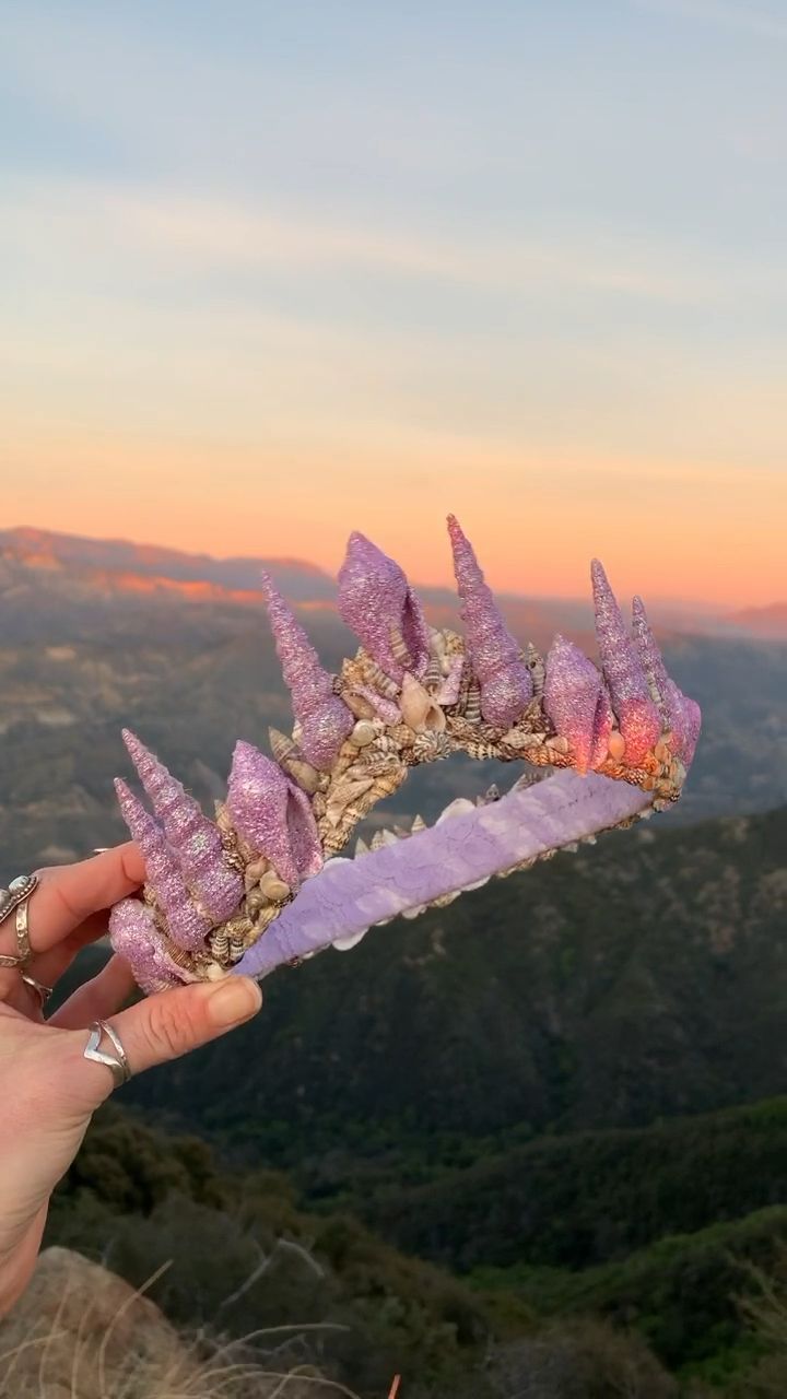 a person holding up some kind of purple object in their hand with mountains in the background