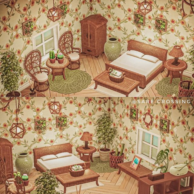 two pictures of a bedroom with flowers on the wall and furniture in the floor area