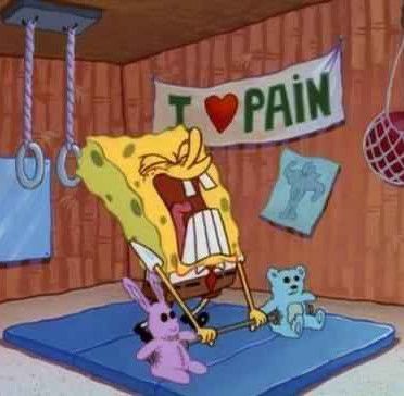 an animated spongebob character on a rug with other cartoon characters around him and the caption that says, i love pain